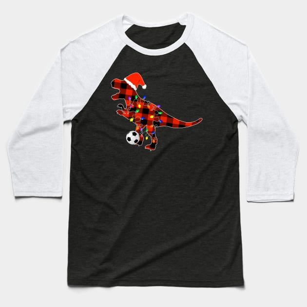 Soccer Christmas Red Plaid T Rex, Funny Santa Hat Pajamas Baseball T-Shirt by Printofi.com